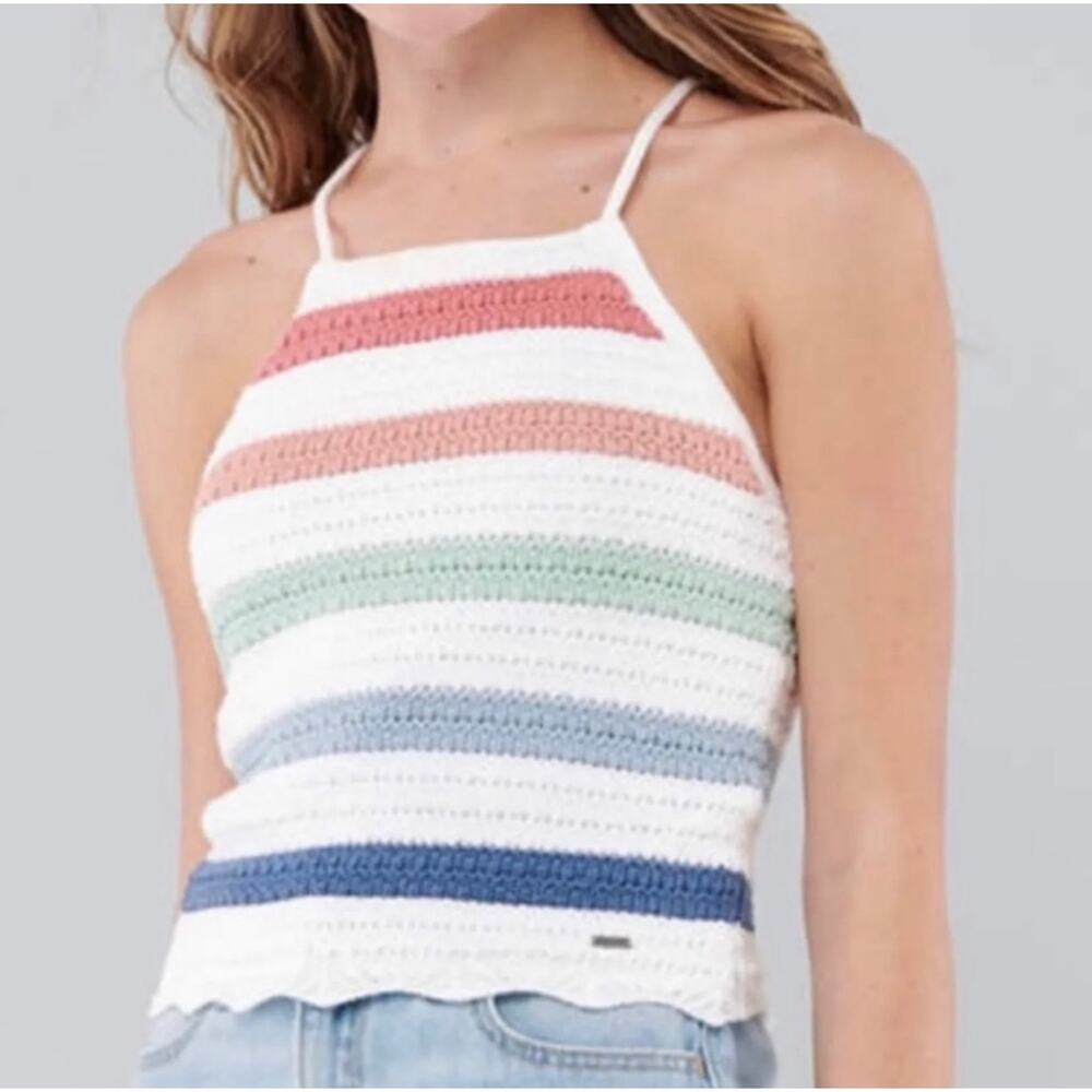 Hollister White Crochet Halter Tank with Multicolor Pastel Stripes